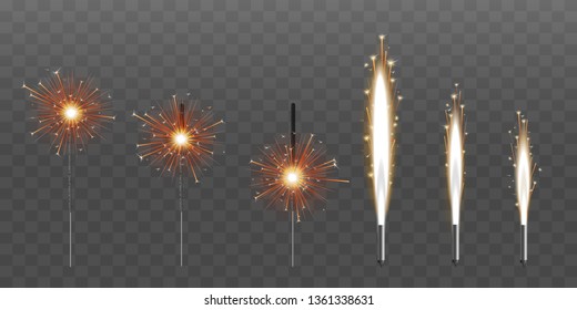 Firework fountain of sparks salute or pyrotechnic candle vector illustrations set of six isolated on black background. Bengal candle fire 3d realistic party or event element.