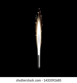 Firework fountain of sparks salute or pyrotechnic candle vector illustration isolated on black background. Bengal candle fire sparkling 3d realistic party or event element.