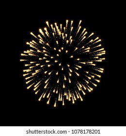 Firework gold bursting isolated background. Beautiful golden night fire, explosion decoration, holiday, Christmas, New Year. Symbol festival, American 4th july celebration Vector illustration