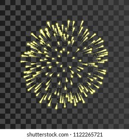 Firework gold bursting isolated transparent background. Beautiful night fire, explosion decoration, holiday, Christmas, New Year. Symbol festival, American 4th july celebration Vector illustration