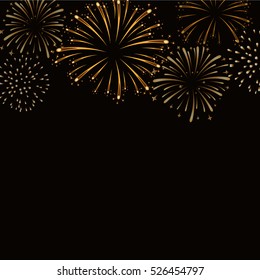 Firework gold bursting sparkle background card. Golden night fire, beautiful explosion for celebration, holiday, Christmas, New Year, birthday. Symbol festive, anniversary. Vector illustration