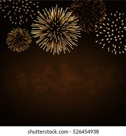 Firework gold bursting sparkle background card. Golden night fire, beautiful explosion for celebration, holiday, Christmas, New Year, birthday. Symbol festive, anniversary. Vector illustration