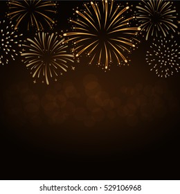 Firework gold bursting sparkle background card. Golden night fire, beautiful explosion for celebration, holiday, Christmas, New Year, birthday. Symbol festive, anniversary. Vector illustration
