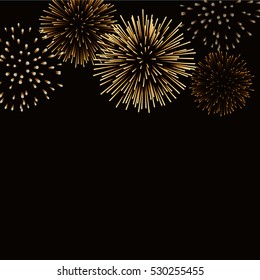 Firework gold bursting sparkle background card. Golden night fire, beautiful explosion for celebration, holiday, Christmas, New Year, birthday. Symbol festive, anniversary. Vector illustration