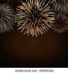 Firework gold bursting sparkle background card. Golden night fire, beautiful explosion for celebration, holiday, Christmas, New Year, birthday. Symbol festive, anniversary. Vector illustration