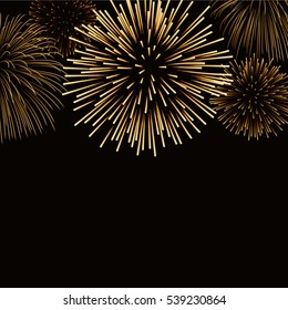 Firework gold bursting sparkle background card. Golden night fire, beautiful explosion for celebration, holiday, Christmas, New Year, birthday. Symbol festive, anniversary. Vector illustration