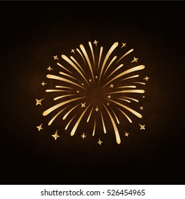Firework gold isolated. Beautiful golden firework on black background. Bright decoration for Christmas card, Happy New Year celebration, anniversary, festival. Flat design Vector illustration