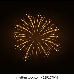Firework gold isolated. Beautiful golden firework on black background. Bright decoration for Christmas card, Happy New Year celebration, anniversary, festival. Flat design Vector illustration