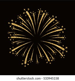 Firework gold isolated. Beautiful golden firework on black background. Bright decoration for Christmas card, Happy New Year celebration, anniversary, festival. Flat design Vector illustration