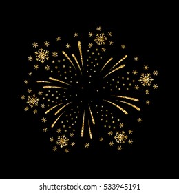 Firework gold isolated. Beautiful golden firework on black background. Bright decoration for Christmas card, Happy New Year celebration, anniversary, festival. Flat design Vector illustration
