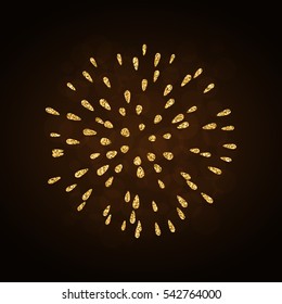 Firework gold isolated. Beautiful golden firework on black background. Bright decoration for Christmas card, Happy New Year celebration, anniversary, festival. Flat design Vector illustration
