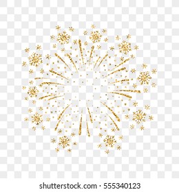 Firework gold isolated. Beautiful golden firework on background. Bright decoration Christmas card, Happy New Year celebration, anniversary, festival. Flat design Vector illustration