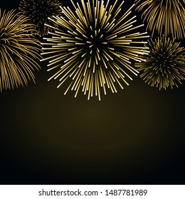 Firework gold sparkle background card. Beautiful bright fireworks isolated on black background. Light golden decoration firework for Christmas card, New Year celebration Vector illustration