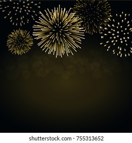 Firework gold sparkle background card. Beautiful bright fireworks isolated on black background. Light golden decoration firework for Christmas card, New Year celebration Vector illustration