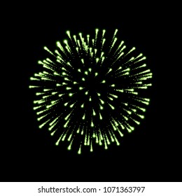 Firework green sparkle isolated background. Beautiful night fire, explosion decoration, holiday, Christmas, New Year, birthday. Symbol festival, American 4th july celebration Vector illustration