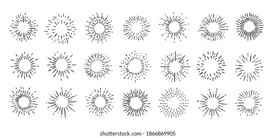 Firework hand drawn icons set. Sun rays images. Vector.