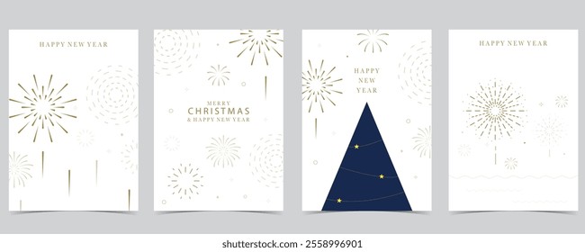 firework happy new year with gold outline on white background.Editable vector illustration for vertical design