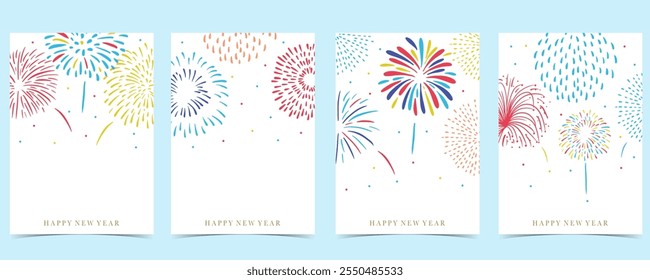 Fuegos artificiales feliz año nuevo sobre fondo blanco. Ilustración vectorial editable para el diseño de Vertical