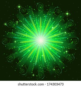 Firework, holiday background of bright green colors on black, for web design. Eps10, contains transparencies. Vector