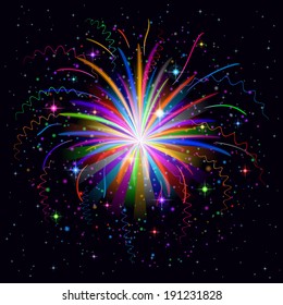 Firework, holiday colorful background of bright colors on black, element for web design. Eps10, contains transparencies. Vector