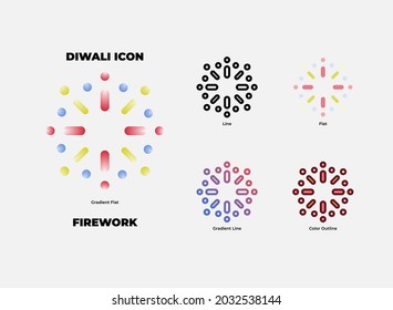 Firework icon in 5 style, that is gradient flat, line, flat, gradient line, and color outline. 