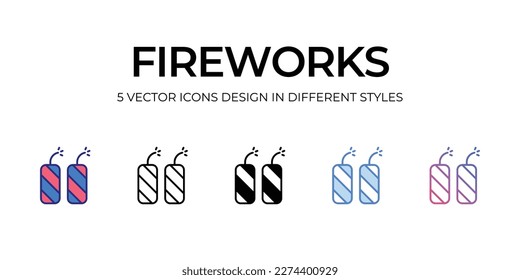 firework Icon Design in Five style with Editable Stroke. Line, Solid, Flat Line, Duo Tone Color, and Color Gradient Line. Suitable for Web Page, Mobile App, UI, UX and GUI design.