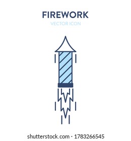 Firework icon. Lighted fireworks flying up into the sky. Vector outline illustration of an ignited pyrotechnic projectile in motion