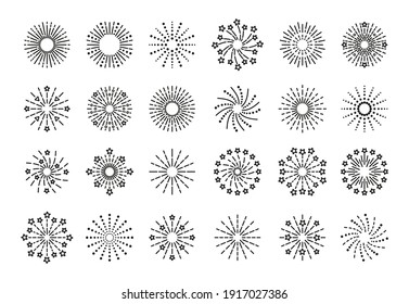 Firework icon. Line sparkle explosion. Set of burst stars and sparks. Happy new year shiny symbol. Outline birthday party elements isolated on white background. Vector illustration.