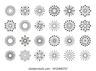 Firework Icon. Linear Sparkle Explosion Set. Happy New Year Shiny Symbol. Burst Stars, Sparks And Salute. Vector Illustration. Outline Birthday Party Elements Isolated On White Background.