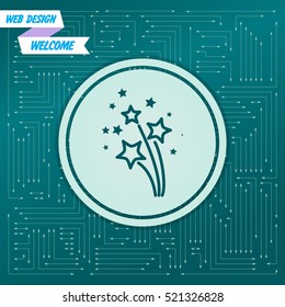 firework icon on a green background, with arrows in different directions. It appears on the electronic board. Vector illustration