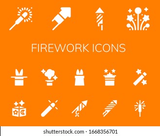 firework icon set. 14 filled firework icons. Included Sparkler, Fireworks, Magic, Firecracker icons