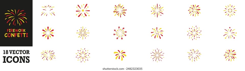 Firework Icon Set. Confetti Icon Set. Fireworks icon collection. Set of firework, firecracker, confetti icons. Fireworks, sparkler, salute, petard, firecracker icons. Celebration and holiday icons.