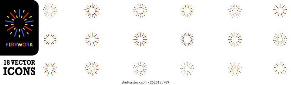 Firework Icon Set. Confetti Icon Set. Fireworks icon collection. Set of firework, firecracker, confetti icons. Fireworks, sparkler, salute, petard, firecracker icons. Celebration and holiday icons.