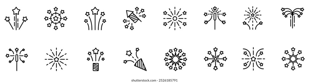Firework Icon Set. Confetti Icon Set. Fireworks icon collection. Set of firework, firecracker, confetti icons. Fireworks, sparkler, salute, petard, firecracker icons. Celebration and holiday icons.