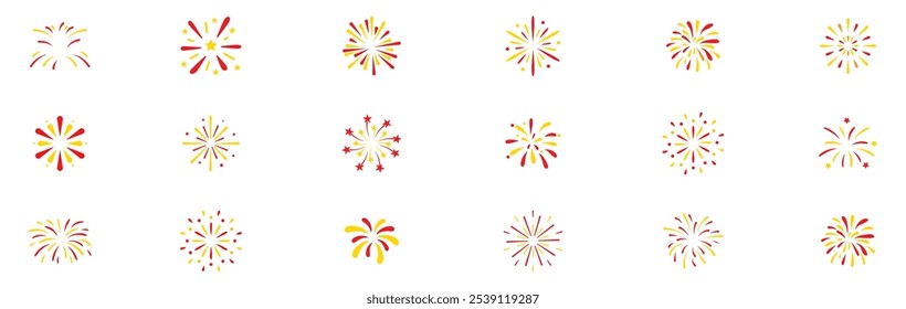 Firework Icon Set. Confetti Icon Set. Fireworks icon collection. Set of firework, firecracker, confetti icons. Fireworks, sparkler, salute, petard, firecracker icons. Celebration and holiday icons.