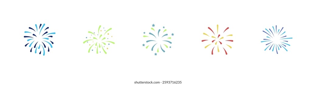 Firework icon set. Exploding fireworks. Confetti, sparkler, salute, petard, firecracker icons. Celebration and holiday signs. Vector illustration.