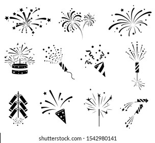 Firework  icon set. Firecracker, petard and stars. Happy New year, Holiday and party firework icons collection. Black silhouette isolated on white background. Vector illustration