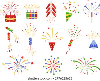 Juego de iconos de fuegos artificiales. Rastreador, petardo y estrellas. Feliz Año Nuevo, feriado, festival y fuegos artificiales de fiesta. Colorida colección de iconos. Elementos de diseño de afiches, invitaciones, saludos. Ilustración del vector