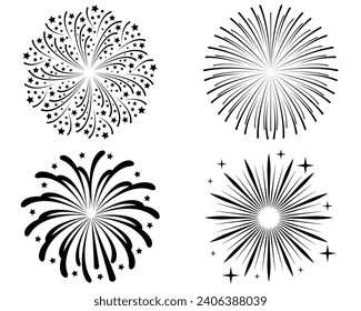 Juego de iconos de fuegos artificiales. Rastreador, petardo y estrellas. Feliz Año Nuevo, colección de iconos de fuegos artificiales de festividad y festividad. Silueta negra aislada sobre fondo blanco. Ilustración del vector