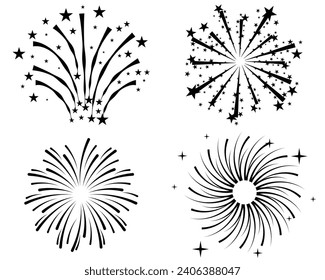 Juego de iconos de fuegos artificiales. Rastreador, petardo y estrellas. Feliz Año Nuevo, colección de iconos de fuegos artificiales de festividad y festividad. Silueta negra aislada sobre fondo blanco. Ilustración del vector