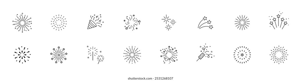 Conjunto de iconos de Firework. Iconos de petardo, chispa, saludo. Símbolos explosivos de la celebración del carnaval. Iconos del vector