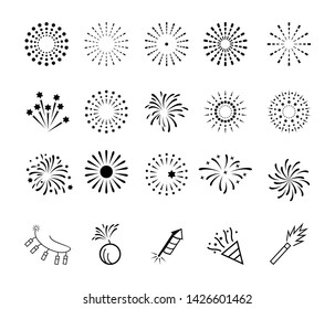 	
firework icon set with line art style, happy new year firework