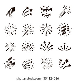 Firework icon set with petard, stars. Festival and event, celebrate and party. Vector 