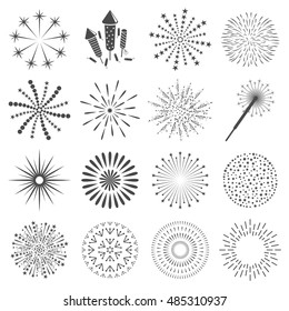 Firework icon set with petard, stars. Festival