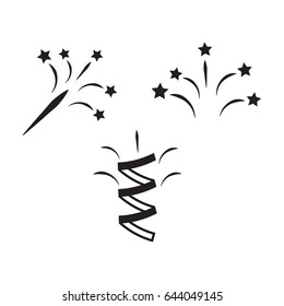 Firework icon set with petard and stars 