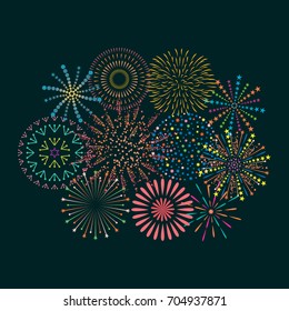 Firework icon set with petard, stars. Festival and event