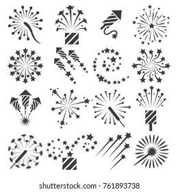 Firework icons. Celebration fireworks party signs and vector drawing celebrating petard symbols isolated on white background