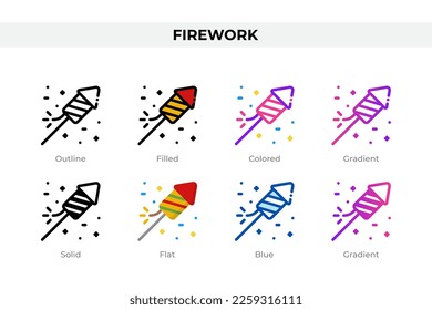 Firework icons in different style. Firework icons set. Holiday symbol. Different style icons set. Vector illustration