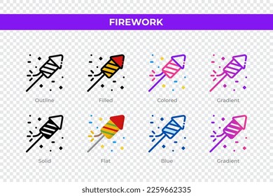Firework icons in different style. Firework icons set. Holiday symbol. Different style icons set. Vector illustration
