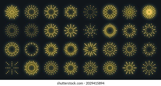 Firework icons set. Outline set of firework vector icons neon color on black